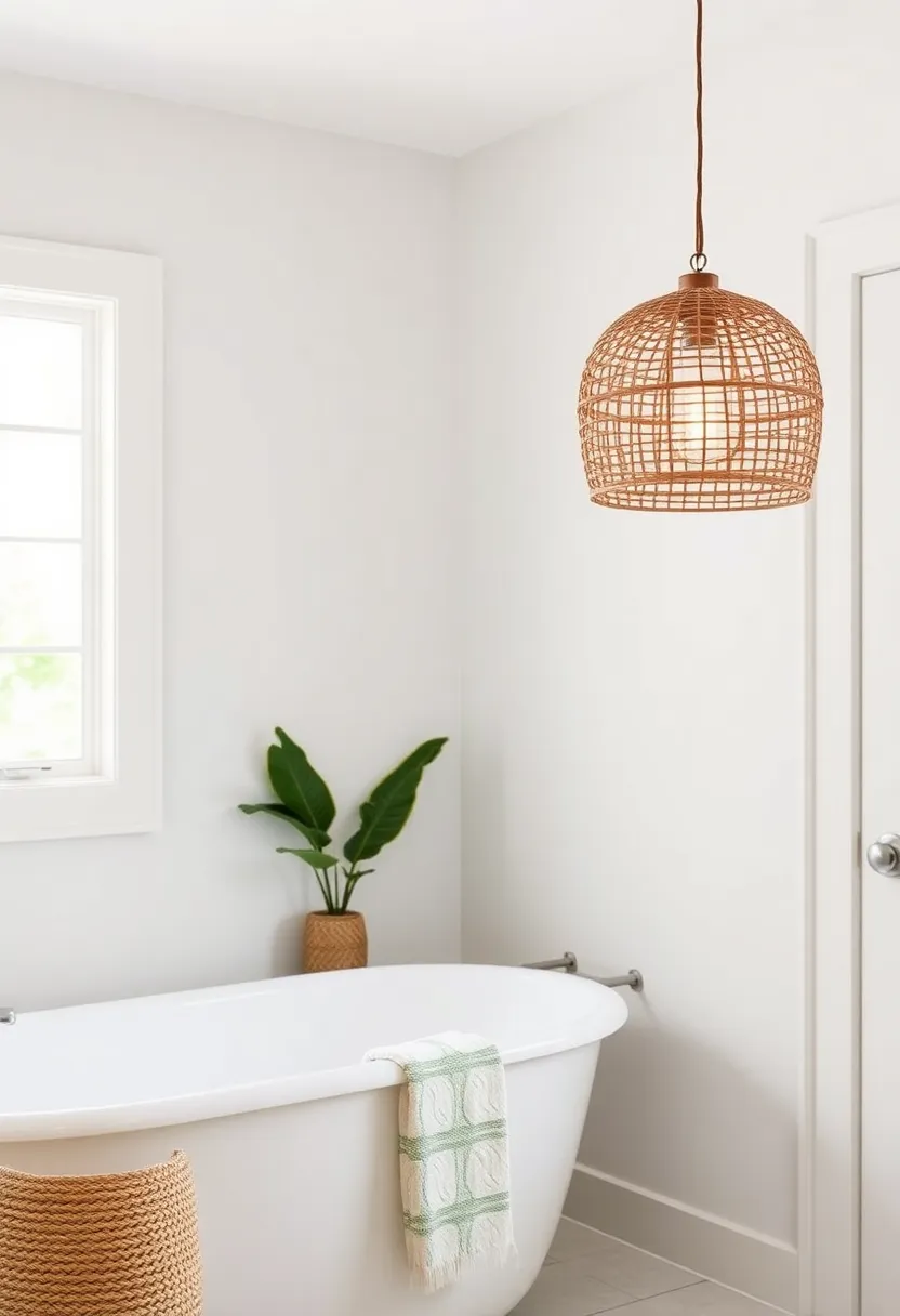 Woven Rattan: Introduce natural textures with a woven rattan pendant that gracefully diffuses light, enhancing the earthy vibe of your farmhouse bathroom