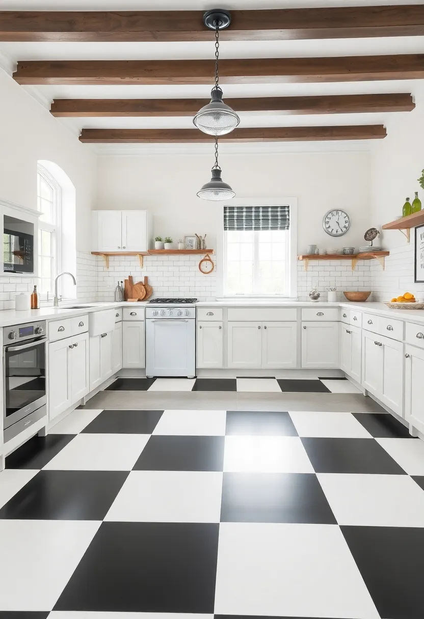 Checkerboard Flooring: classic black and white tiles provide a playful yet sophisticated base for your kitchen