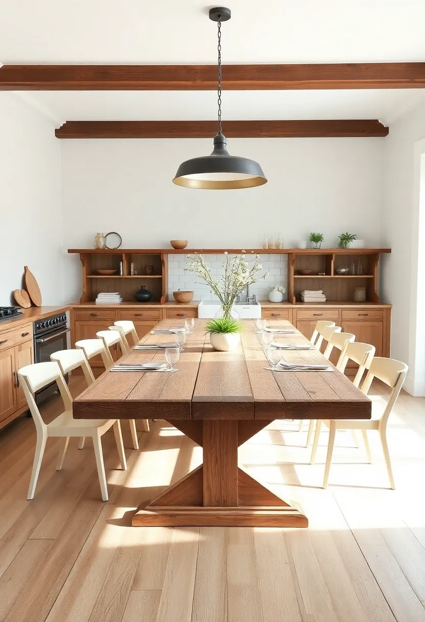 Farm-Style Dining Table: A large, rustic dining table invites family gatherings and meals filled with laughter