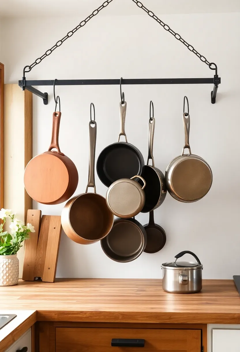 rustic Pot Rack: Hanging pots and pans from a metal rack creates an open feel while keeping your cookware accessible