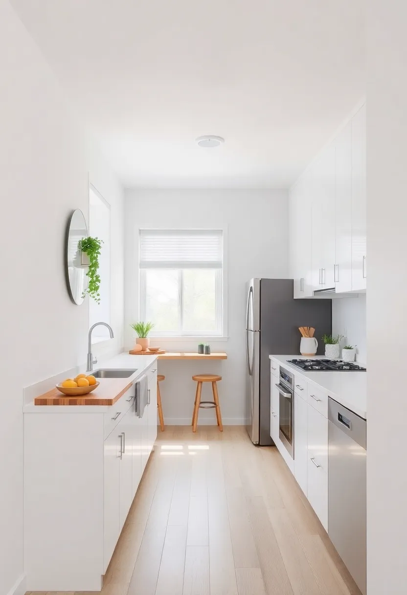 13) Choose Light Colors: Light paint shades and finishes can make a small galley kitchen feel more open and airy