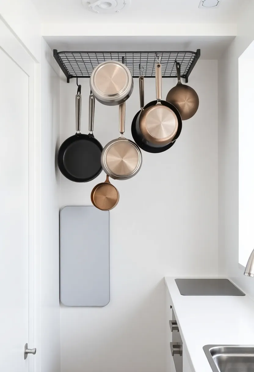 11) Hang Your Cookware: Free up cabinet space by hanging pots and pans from a ceiling rack or wall-mounted hooks
