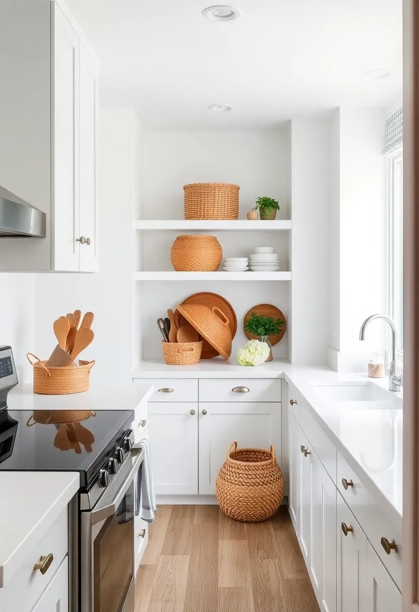 18) Use Decorative Baskets: Use stylish baskets or bins to declutter and organize pantry items or countertop essentials