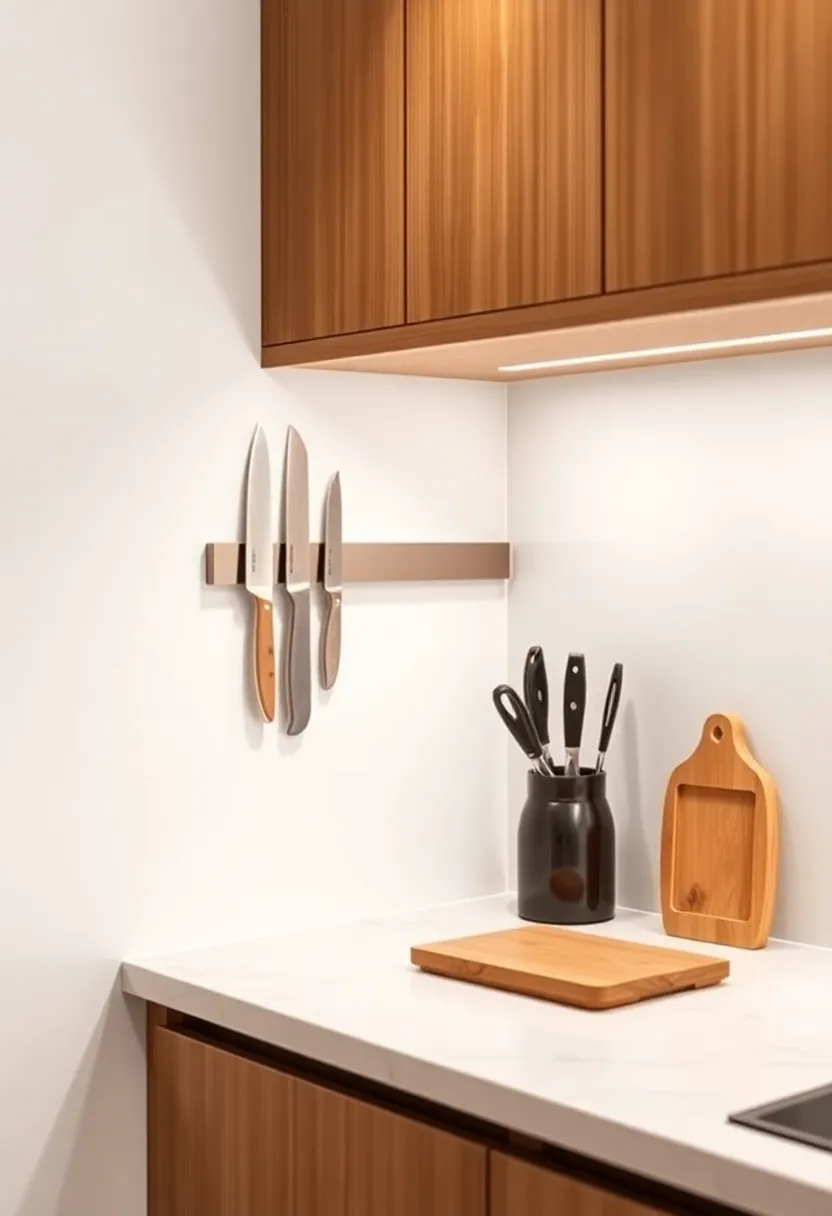 12) Use Magnetic Strips for Knives: Keep knives safe and accessible by attaching them to a magnetic strip on the wall