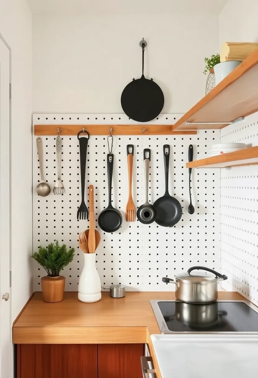 8) Use a Pegboard for Utensils: Install a pegboard on the wall to hang pots, pans, and utensils, keeping them within easy reach