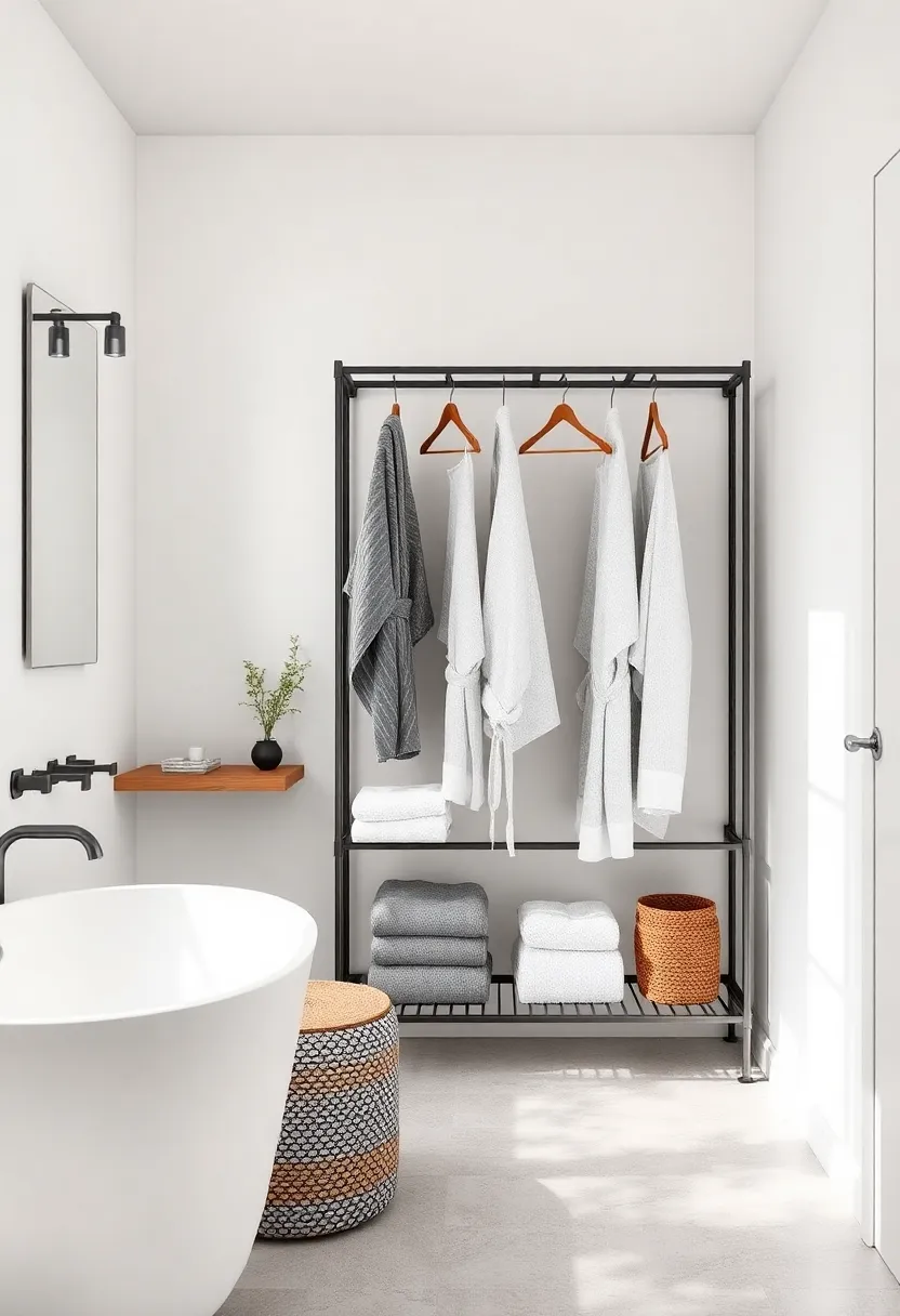 Open wardrobe Rack: Try an open wardrobe rack for displaying stylish ‍towels or robes while​ maximizing⁣ floor​ space