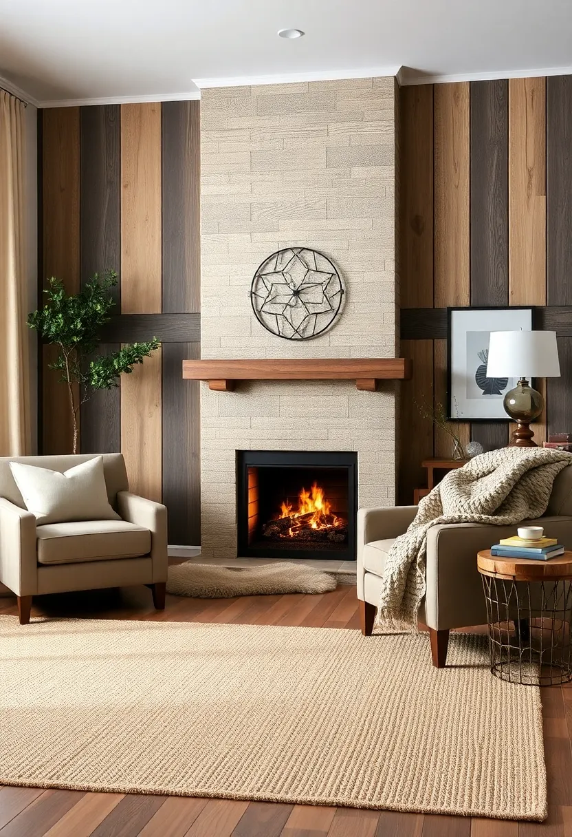 Layered Textures: Mix reclaimed wood paneling with soft textiles—think a jute rug and knit throws—to create a layered, inviting atmosphere