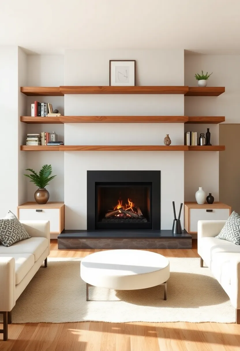 Floating Shelves design: Install floating reclaimed wood shelves next to the fireplace for easy access to books and decorative items, adding both functionality and style