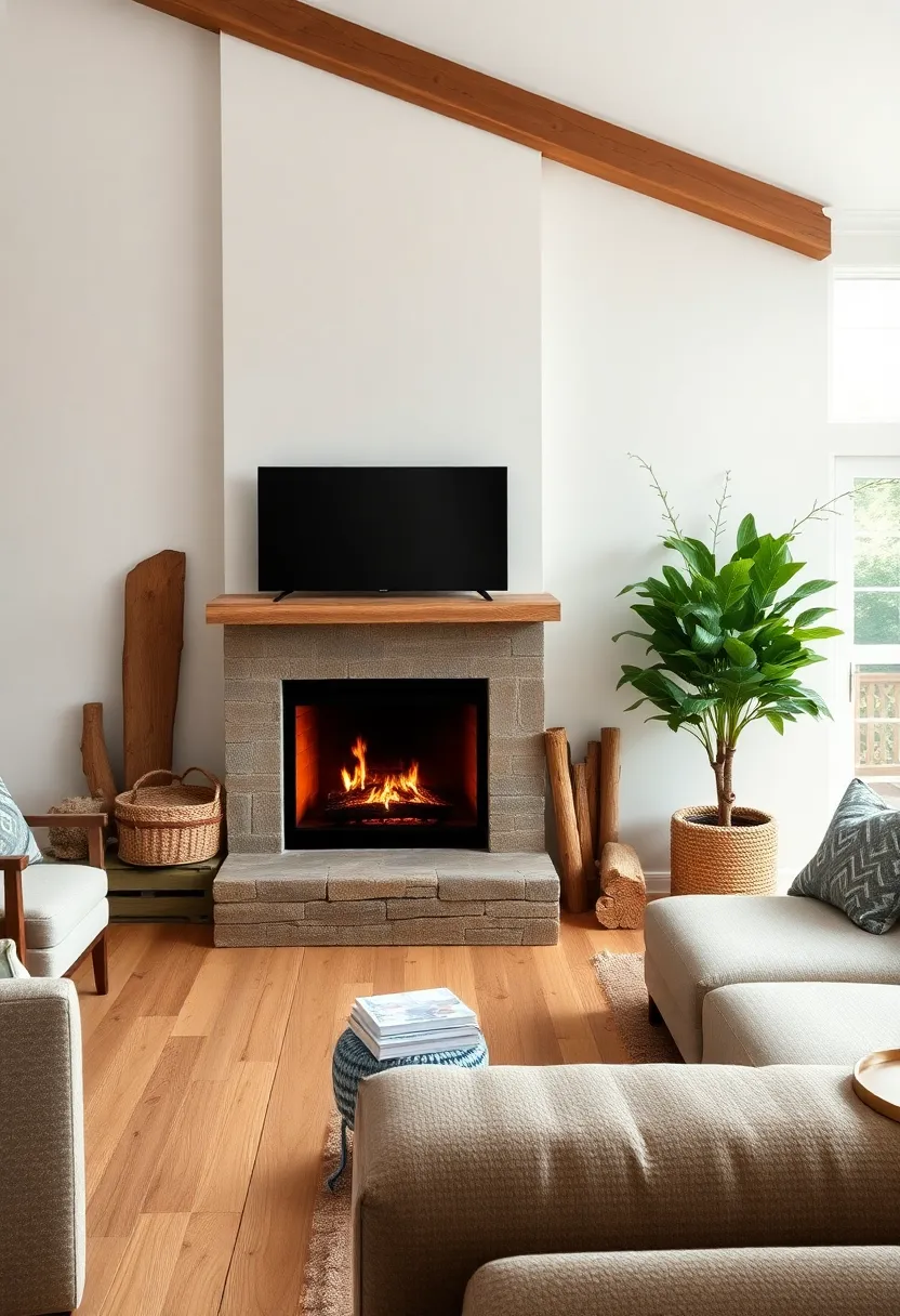 Farmhouse style: Go for a farmhouse aesthetic by pairing your fireplace with reclaimed wood furniture pieces that exude charm and comfort