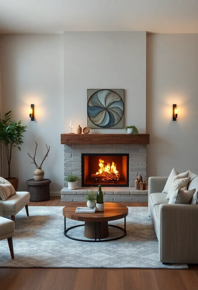 Lighting Accents: Strategically place sconces made from reclaimed wood around the fireplace to create an ambient glow,perfect for those cozy evenings in