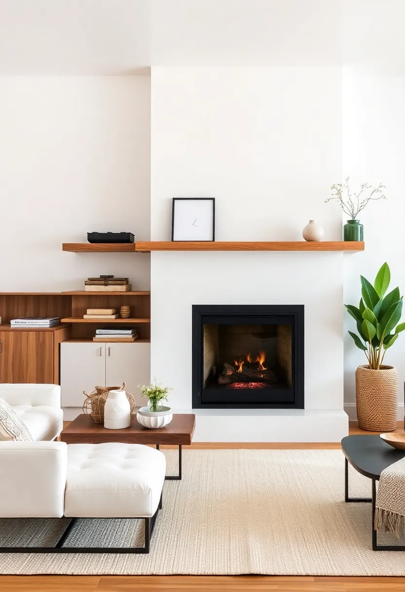 Minimalist Approach: keep your fireplace area free of clutter by opting for sleek, reclaimed wood shelving to hold just a few curated items