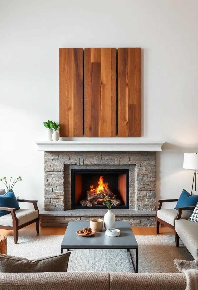 Creative Wall Art: Hang reclaimed wood art panels above the mantel, adding a distinctive touch that amplifies the character of your living room