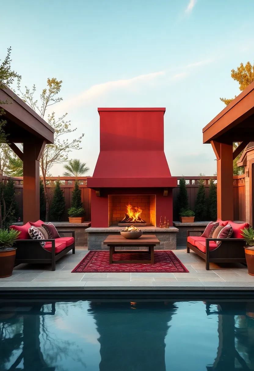 Grand Outdoor Fireplace: A majestic outdoor fireplace framed by deep burgundy seating and polished brass fire tools, perfect for cozy evenings under the sky