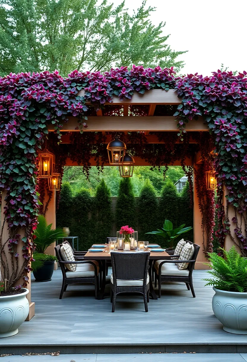 Enchanted Pergola Retreat: A pergola draped with deep burgundy climbing vines and accented with brass lanterns, creating a romantic space for intimate gatherings