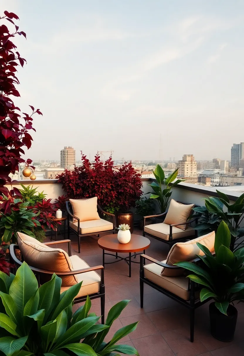 Dreamy Rooftop Garden: A rooftop retreat lush with deep burgundy foliage and brass accents on furniture, combining urban elegance with natural beauty