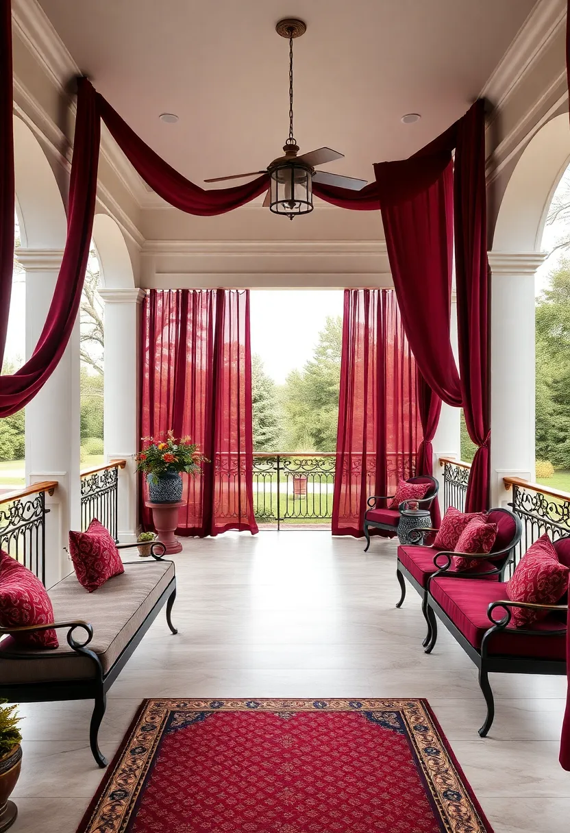 Elegant Veranda Escape: A spacious veranda with deep burgundy drapes flowing in the breeze, complemented by brass railings and opulent seating