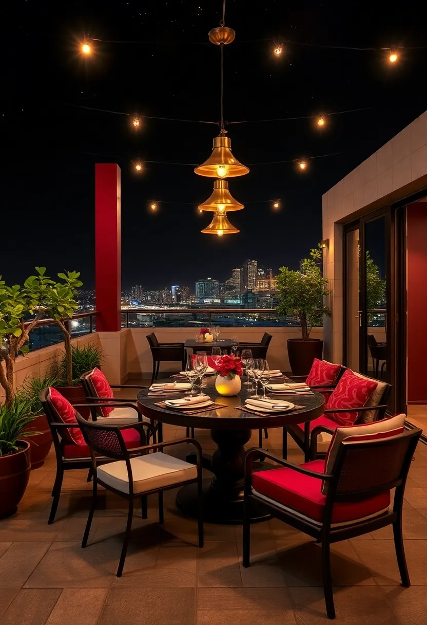 Sophisticated Terrace Dining: A rooftop terrace featuring deep burgundy dining furniture paired with polished brass light fixtures that glimmer under the stars