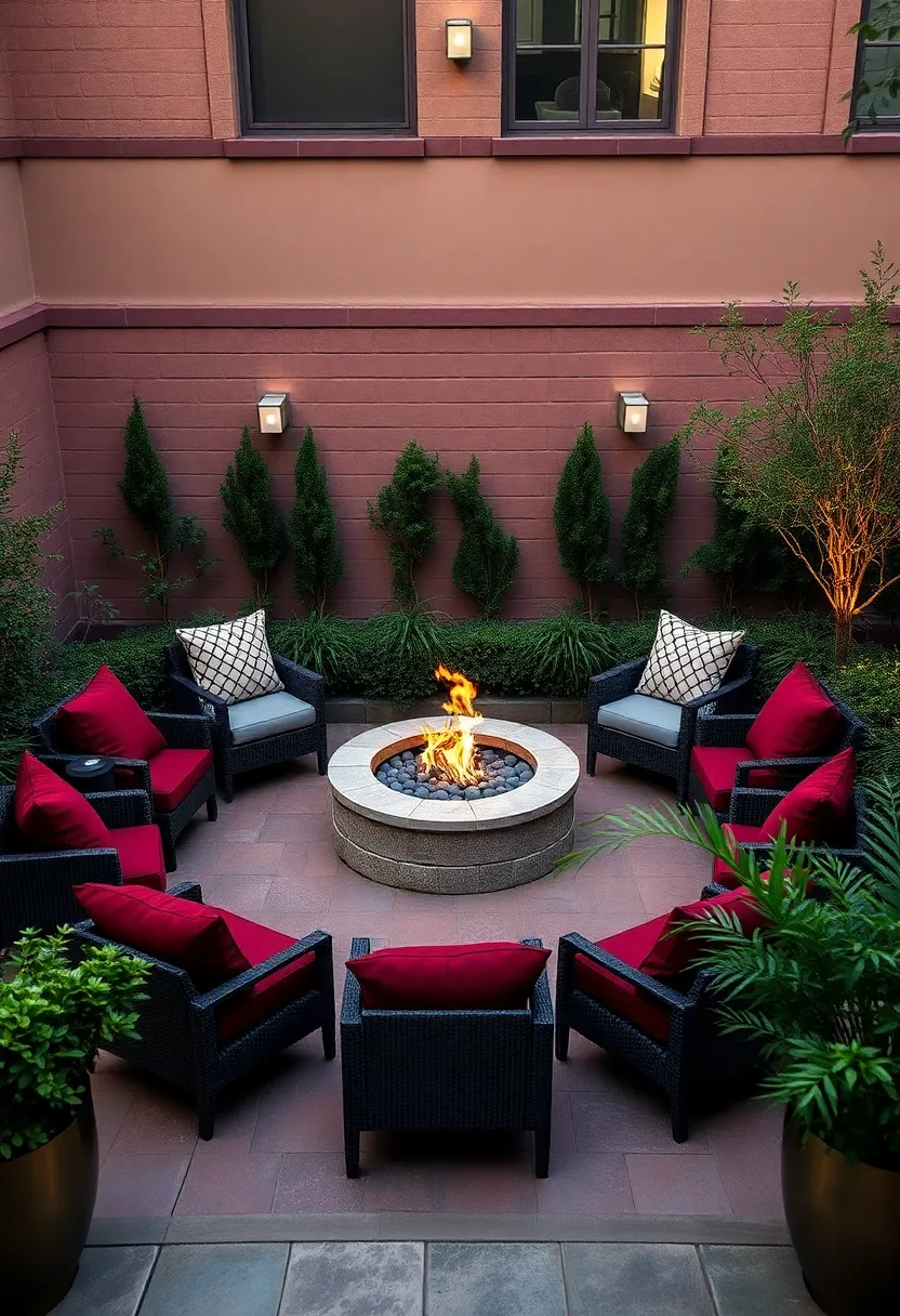 Sumptuous Fire Pit Circle: A circular seating area around a fire pit, dressed in deep burgundy cushions and adorned with brass fire pits for warmth and elegance