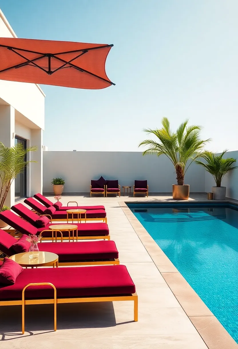 Luxurious Poolside Lounge: A serene pool area with deep burgundy sun loungers and brass accent tables, inviting relaxation and indulgence all day long