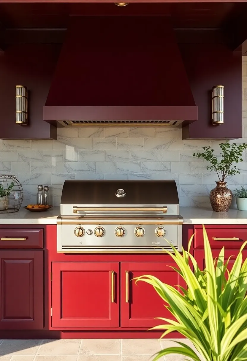 Chic Barbecue Area: A stylish barbecue station with deep burgundy cabinetry and gleaming brass handles that elevate outdoor cooking to a gourmet experience