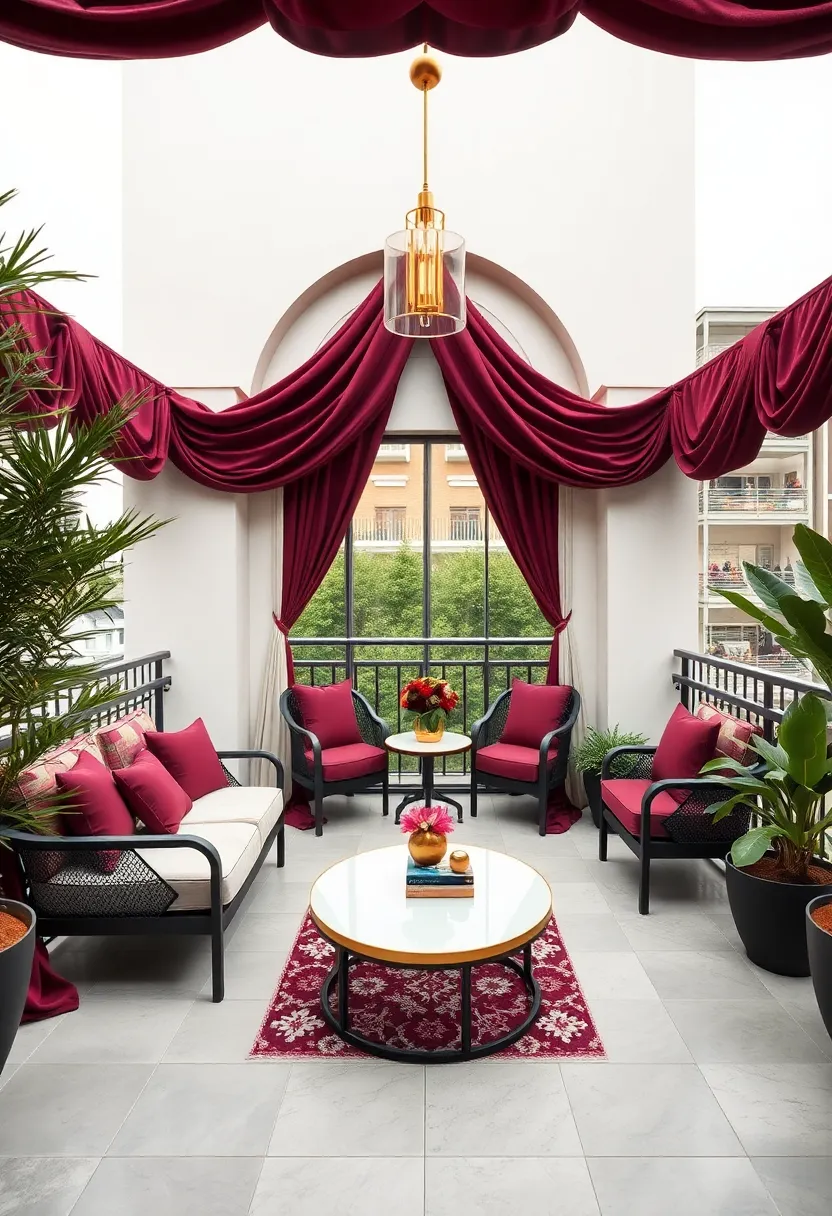 Regal balcony Hideaway: A balcony draped in deep burgundy fabrics with brass accents, creating a luxurious escape for private moments amid the hustle