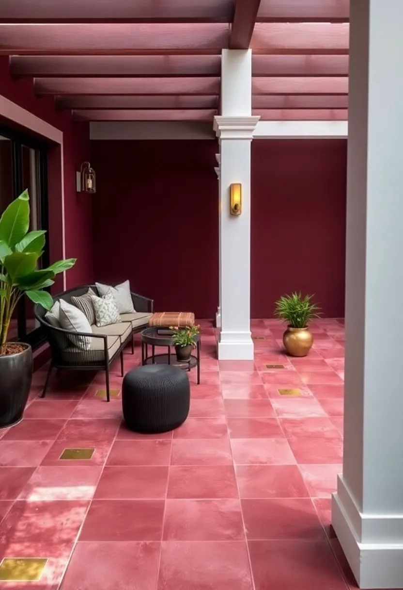 Polished Patio Escape: A patio with deep burgundy tile flooring and brass insets, offering a chic and stylish outdoor entertaining space