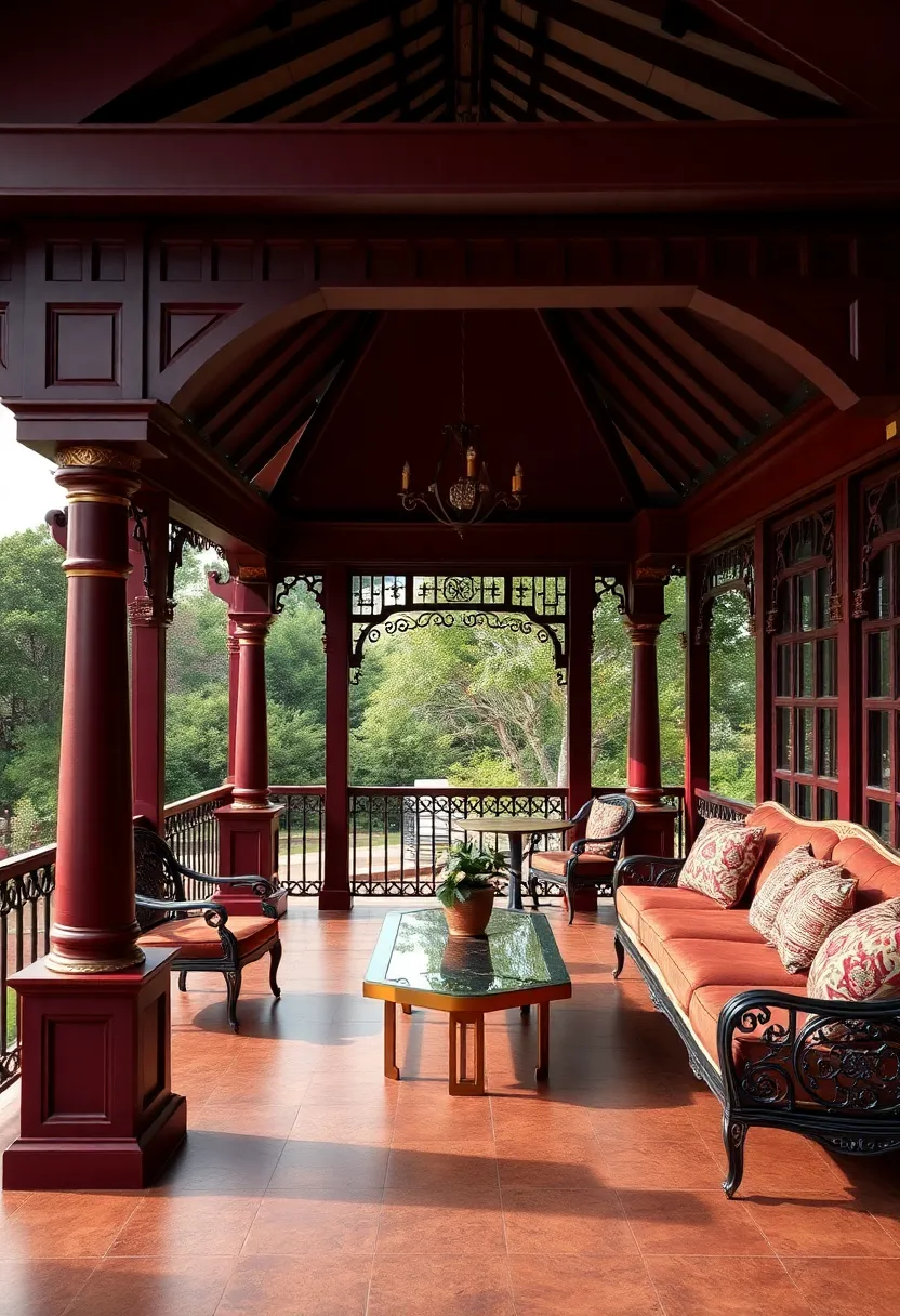 Exquisite gazebo Lounge: A gazebo painted in deep burgundy with intricate brass details inviting guests to unwind with a view of the lush surroundings