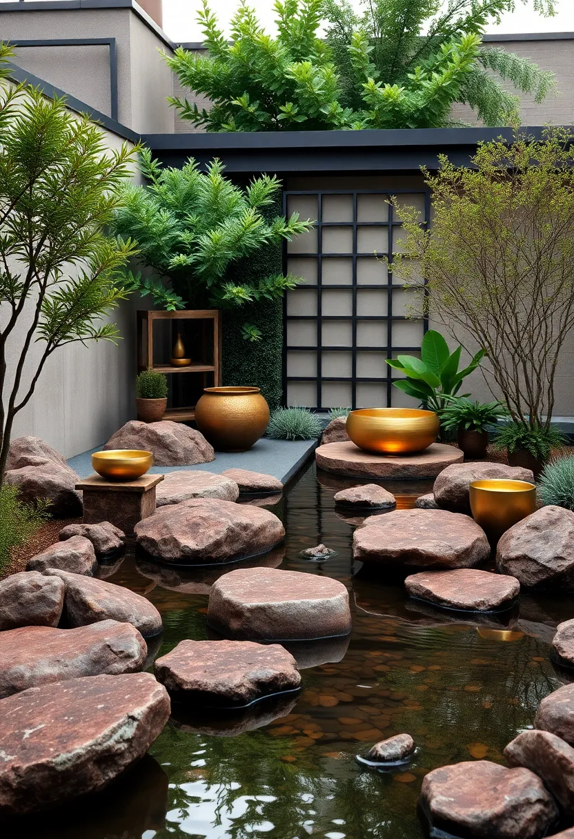 Serene Zen garden: A tranquil outdoor space featuring deep burgundy rocks alongside brass water features, promoting peace and mindfulness