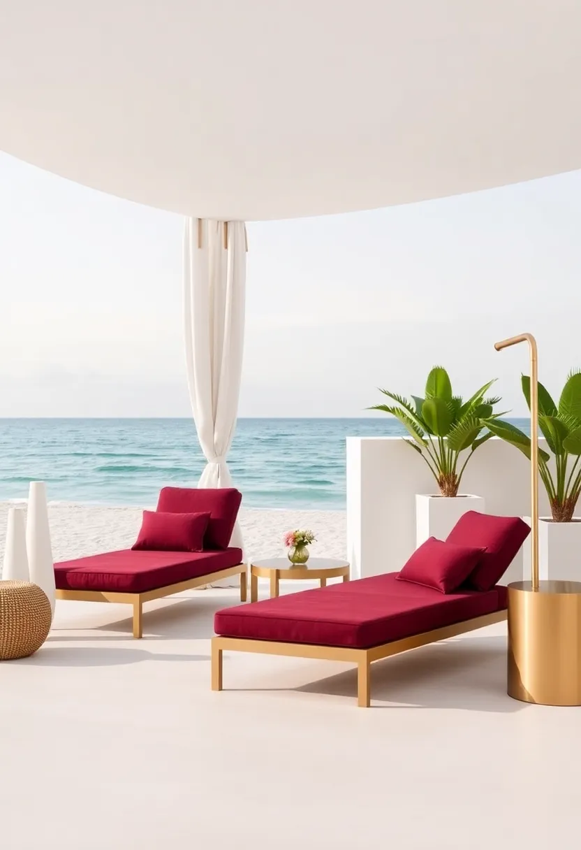 Lavish Beachside Cabana: A beach cabana with deep burgundy fabrics on the loungers and soft brass fixtures that exude luxury by the sea