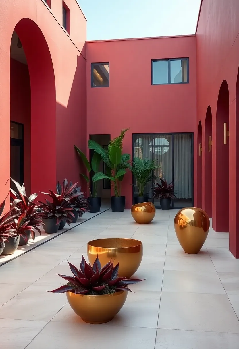 Meticulously Designed Courtyard: A courtyard featuring deep burgundy plants and brass sculptures, an artistic blend that captivates the eyes and senses