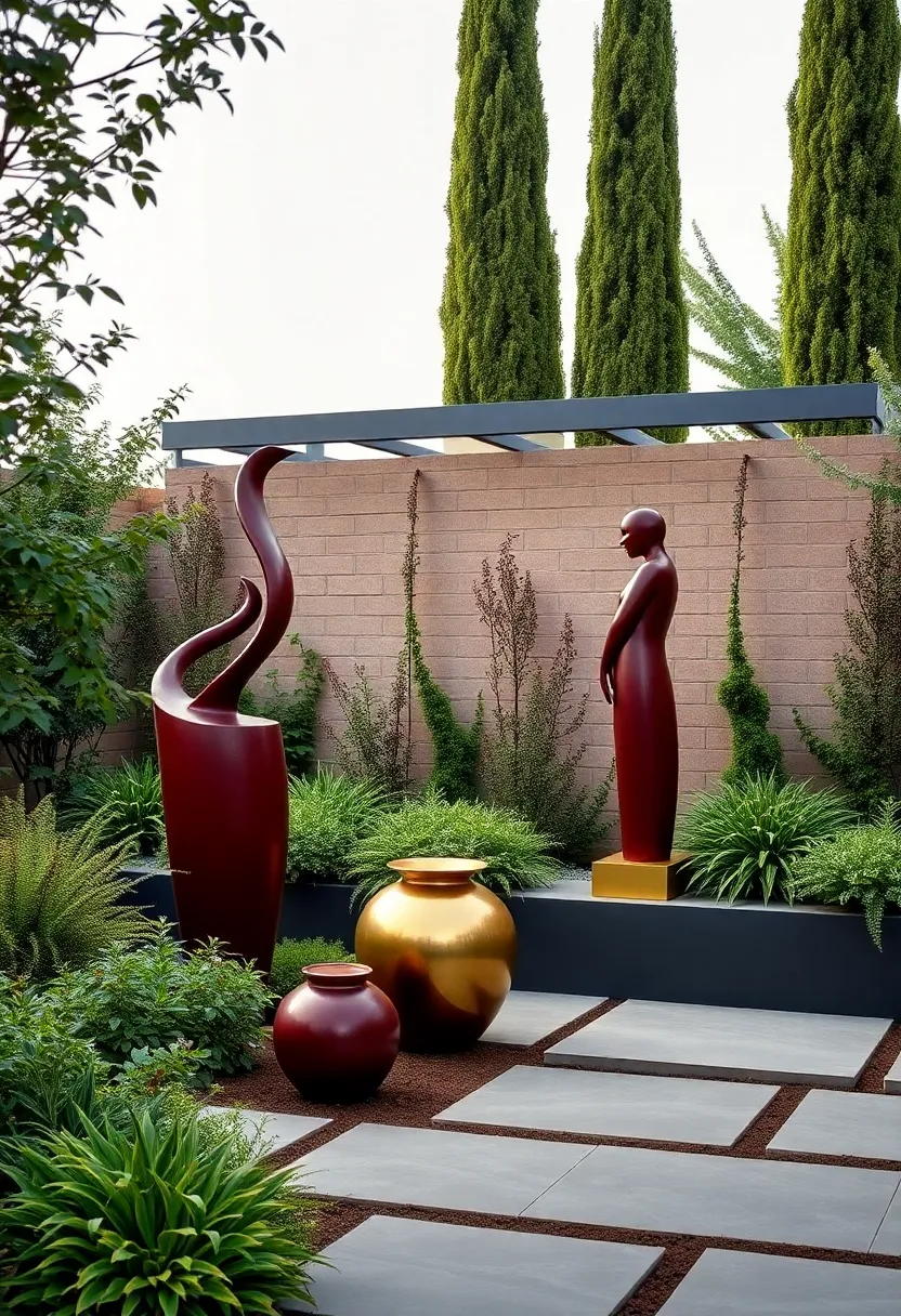 Artistic Outdoor Art: A garden installation featuring deep burgundy sculptures juxtaposed with brass elements, adding sophistication and a touch of drama to the landscape