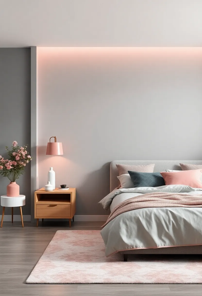 Chic Bedroom Retreats with Dusty Rose accents and Sophisticated Gray Backdrops