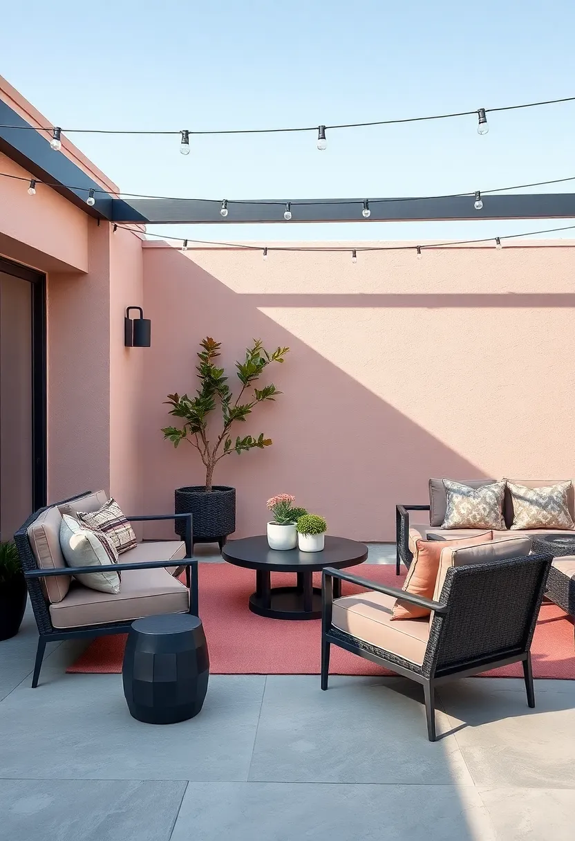 Luxurious Outdoor Patios Merging Dusty Rose Comfort with Charcoal Furniture