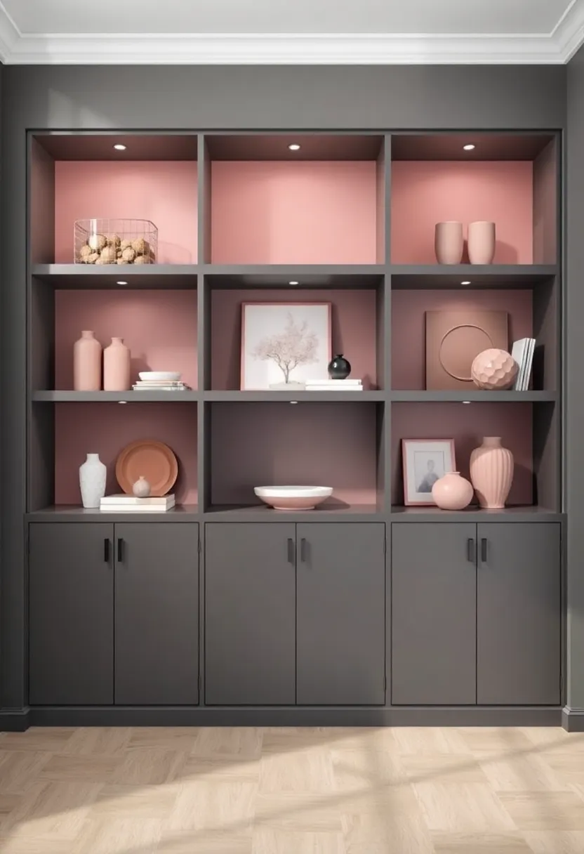 Inspiring Built-In Shelves Showcasing⁤ Dusty Rose Collectibles Against Gray Walls