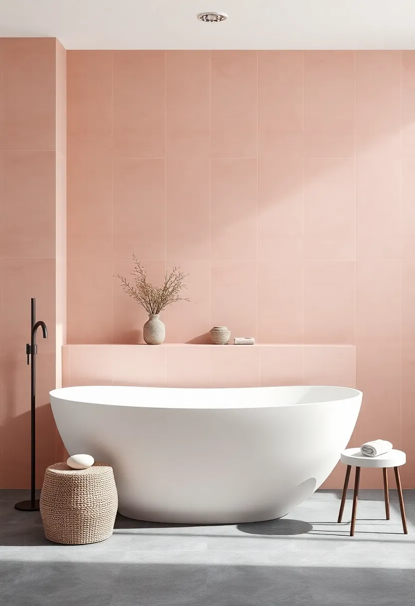 Serene Bathrooms Evoking Tranquility Using Dusty Rose Tiles ⁢and Charcoal Fixtures