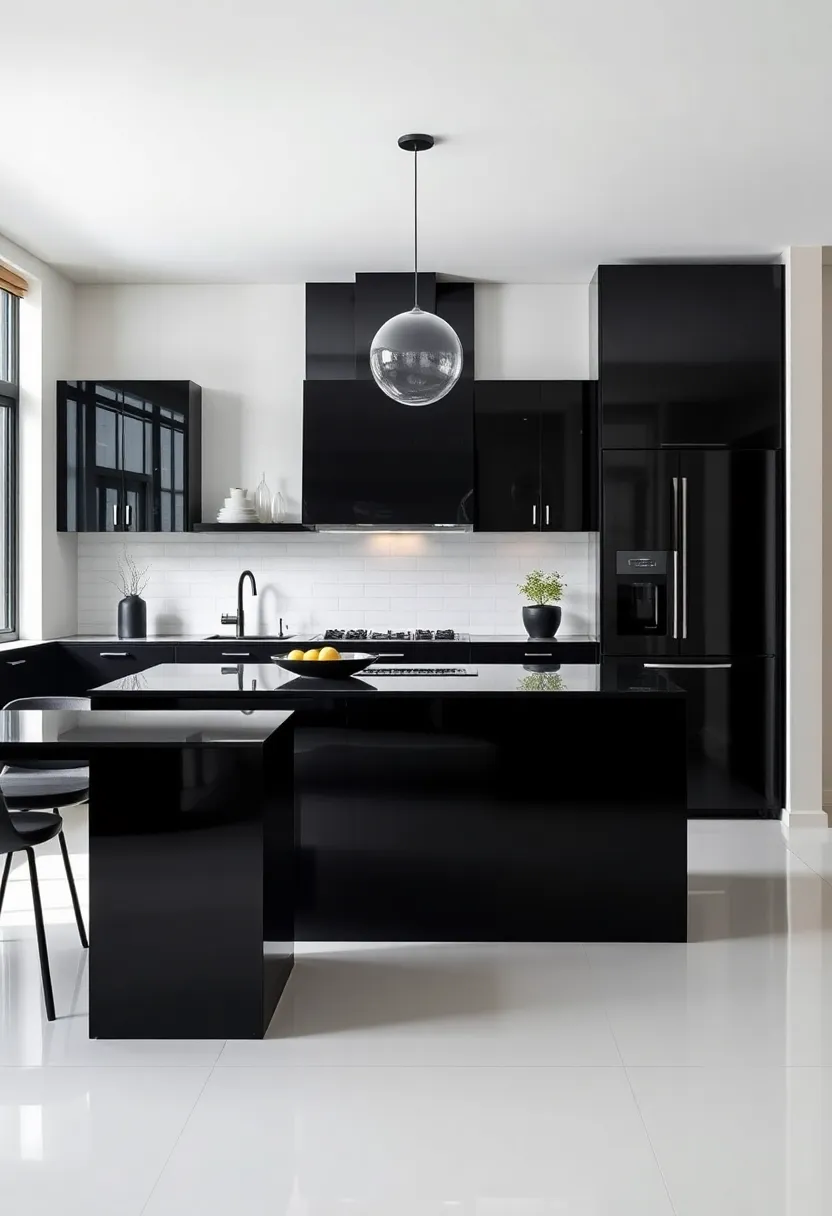 20) Bold Black High-Gloss Accents: Create a dramatic contrast in your kitchen by incorporating black high-gloss elements, such as an island or cabinet doors, for a sophisticated edge