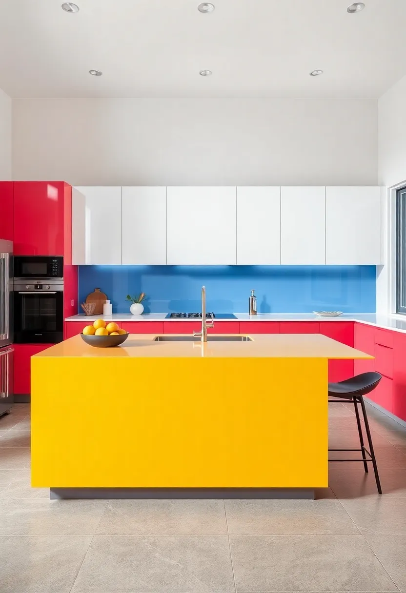 21) Colorful High-Gloss Islands: A vibrant high-gloss kitchen island can serve as a stunning focal point and a space for socializing, combining function with bold style