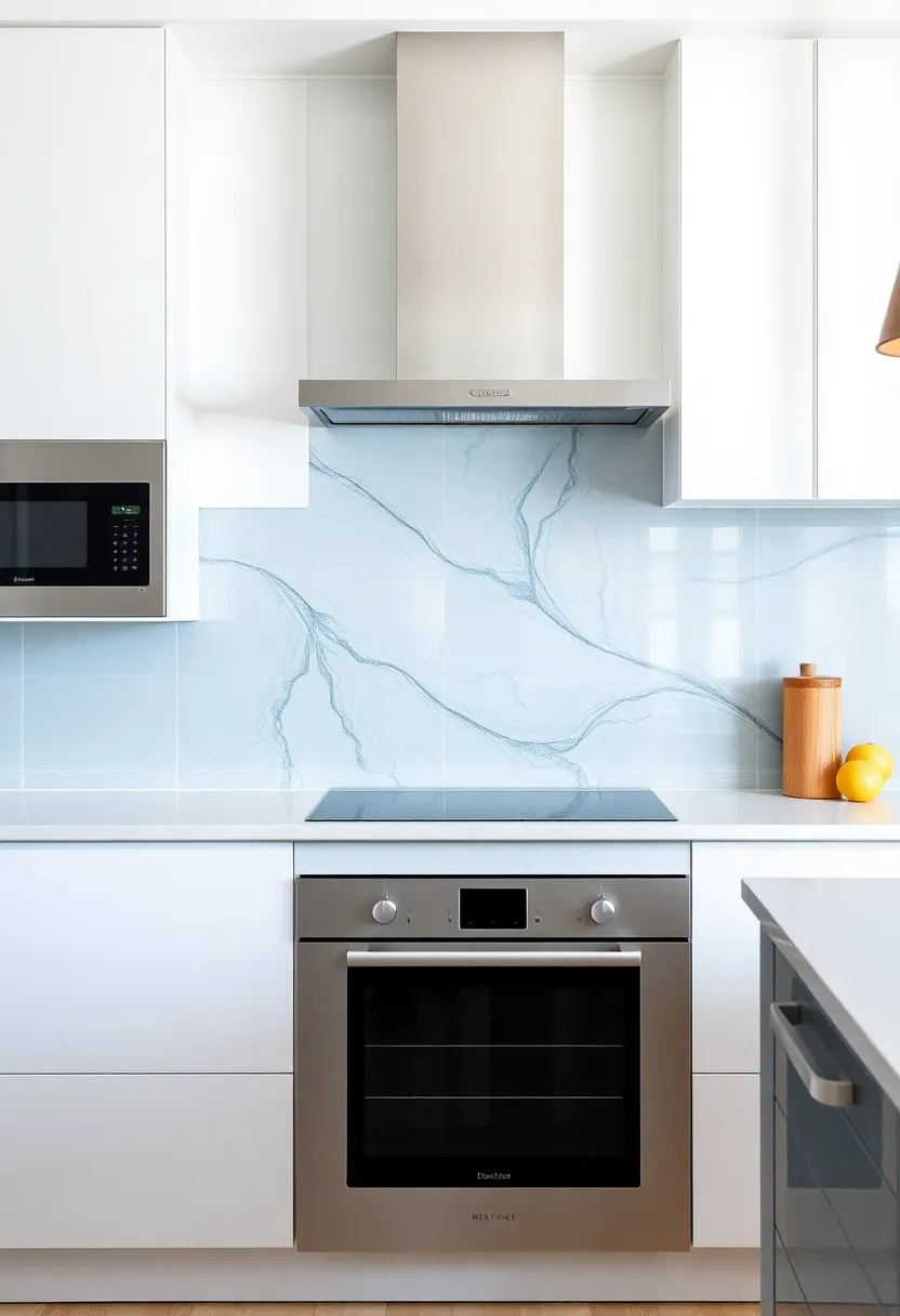 23) Reflective Backsplashes: Explore high-gloss materials like glass or metal for backsplashes that not only protect walls but also add depth and intrigue to your kitchen design