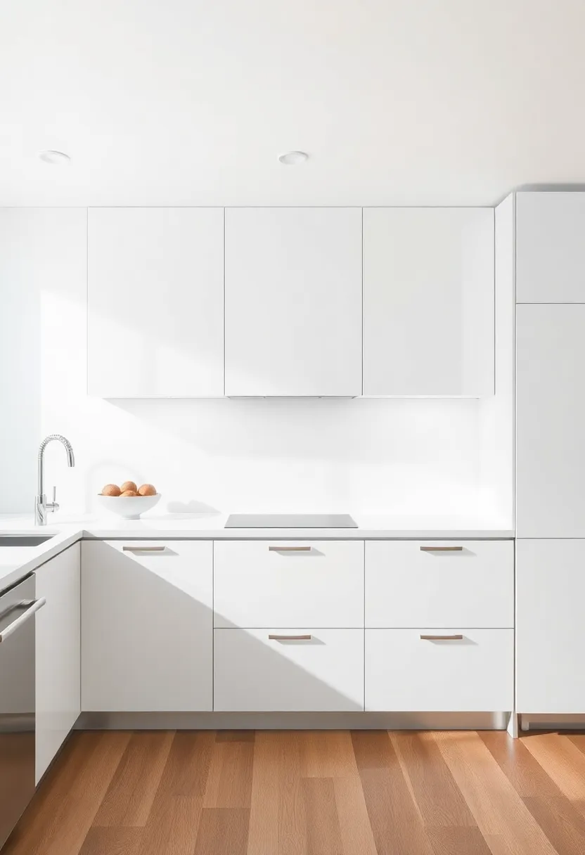 19) Sleek White High-Gloss Cabinets: When paired with minimalist hardware, these cabinets reflect light beautifully, creating a bright and airy feel in the kitchen