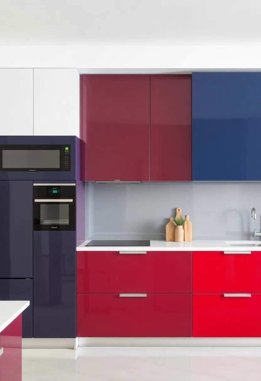 26) Two-Toned Glossy Cabinets: Pairing high-gloss finishes in contrasting colors creates an eye-catching dynamic, allowing you to showcase your personal style and creativity