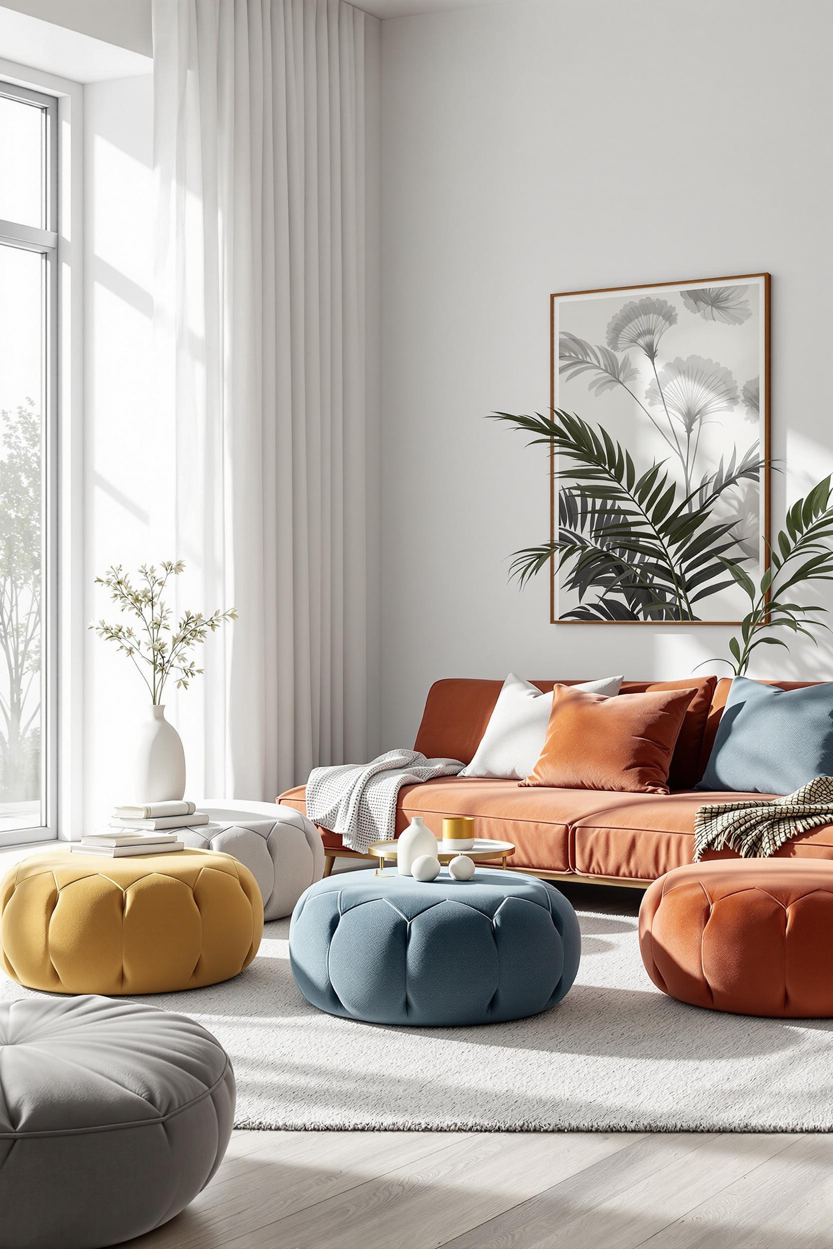 Harmonious Seating: Arrange seating options like poufs or ottomans in varying shades within the same color to create interest
