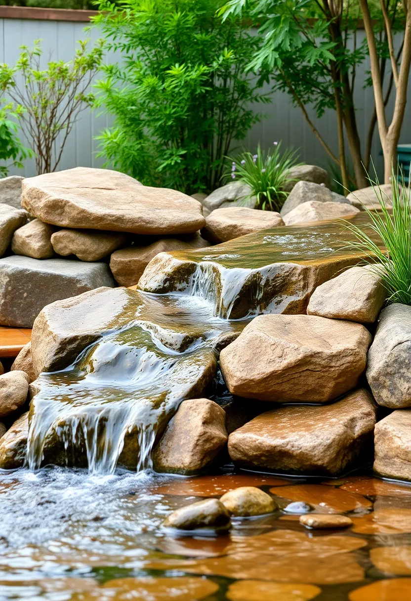 Natural Rock Water Feature: Recreate a serene wilderness vibe with a water feature made from natural stones, where water flows seamlessly over the rocks