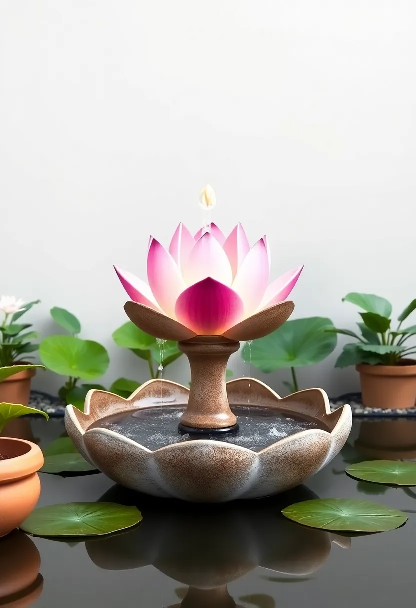 Lotus Flower Fountain: Create a serene focal point with a lotus flower-inspired fountain that dances with water and offers a soothing sound