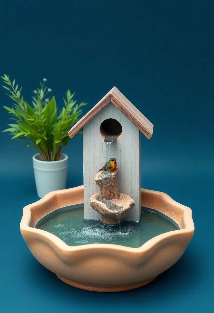 aquatic Birdhouse Fountain: Combine utility and aesthetics with a birdhouse that features a serene water flow for both birds and humans to enjoy