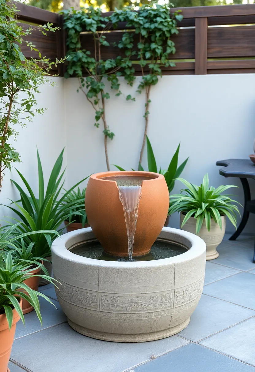 Terra Cotta Pot Fountain: Using an unglazed pot, this feature allows water to flow out freely, producing a chorus of soft gurgles as it empties into a basin below