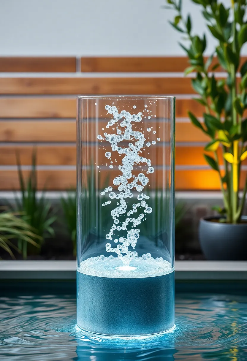 Cylindrical Glass Fountain: A modern glass cylinder filled with bubbling water creates a stunning visual while immersing you in peaceful sounds