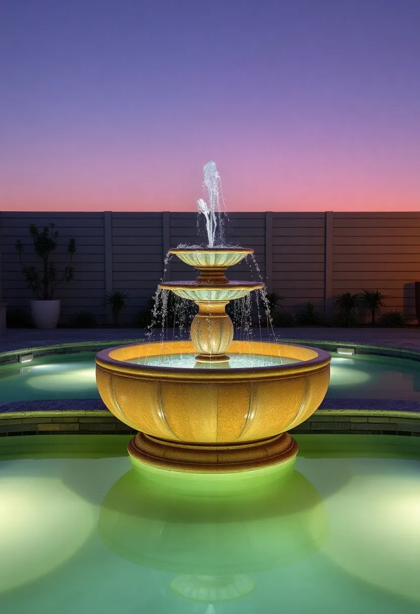 Illuminated Water Feature: Enhance evening relaxation with an illuminated fountain that casts soft light while producing the calming sounds of water
