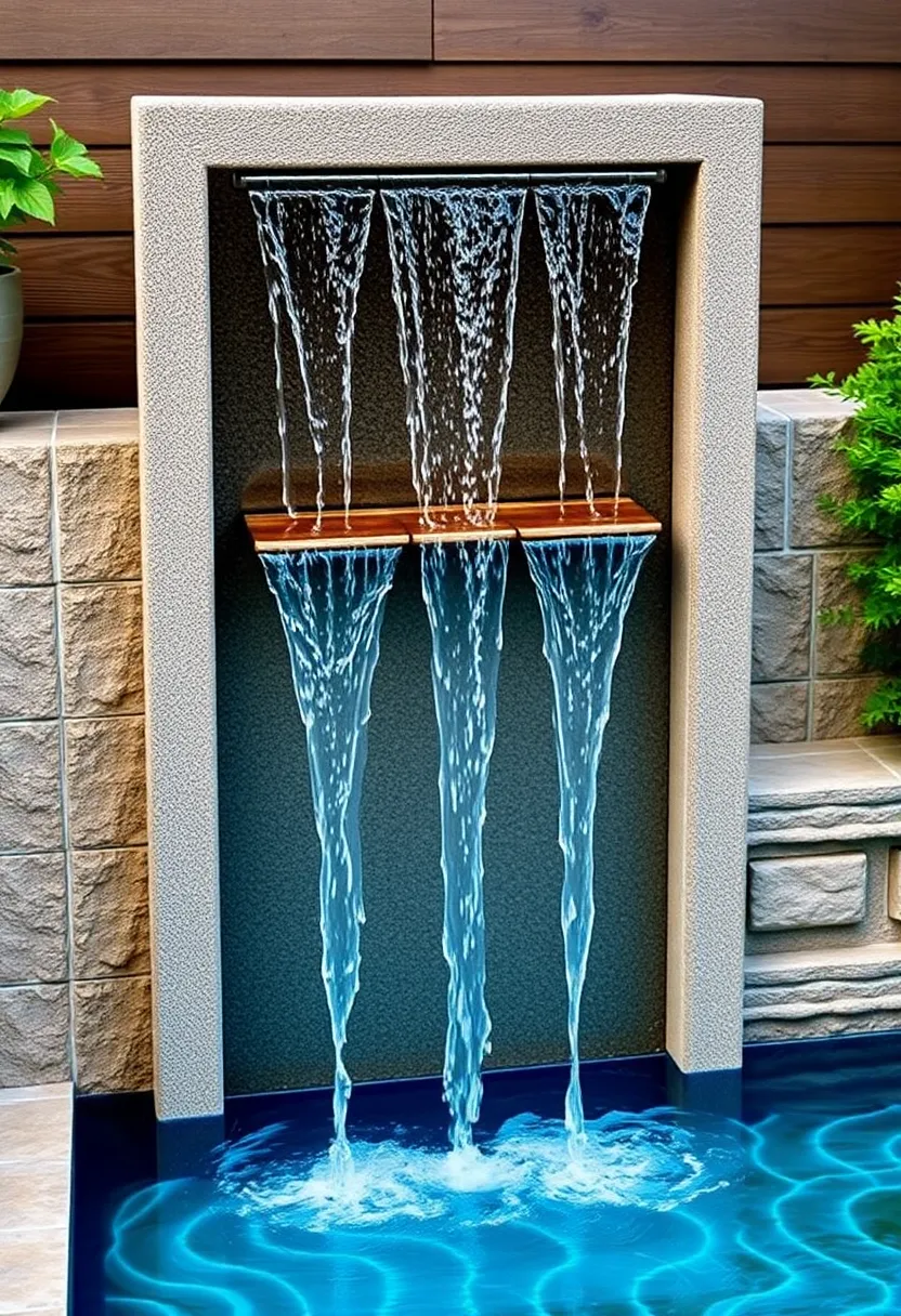 Wall-mounted Cascade: This feature drapes water elegantly down a textured surface, creating a mesmerizing visual and auditory experience