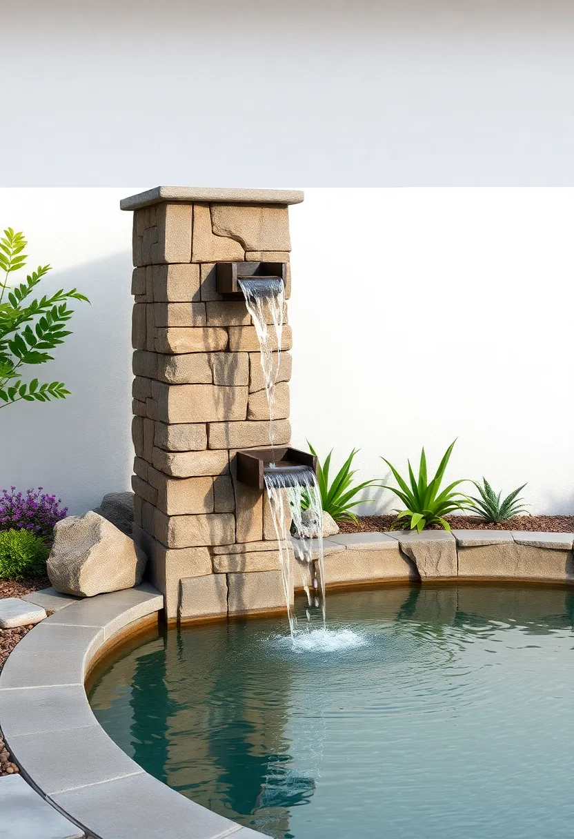 Stone Column Waterfall: A rustic stone column with a slow waterfall cascading down into a serene pool, adding natural beauty to your garden
