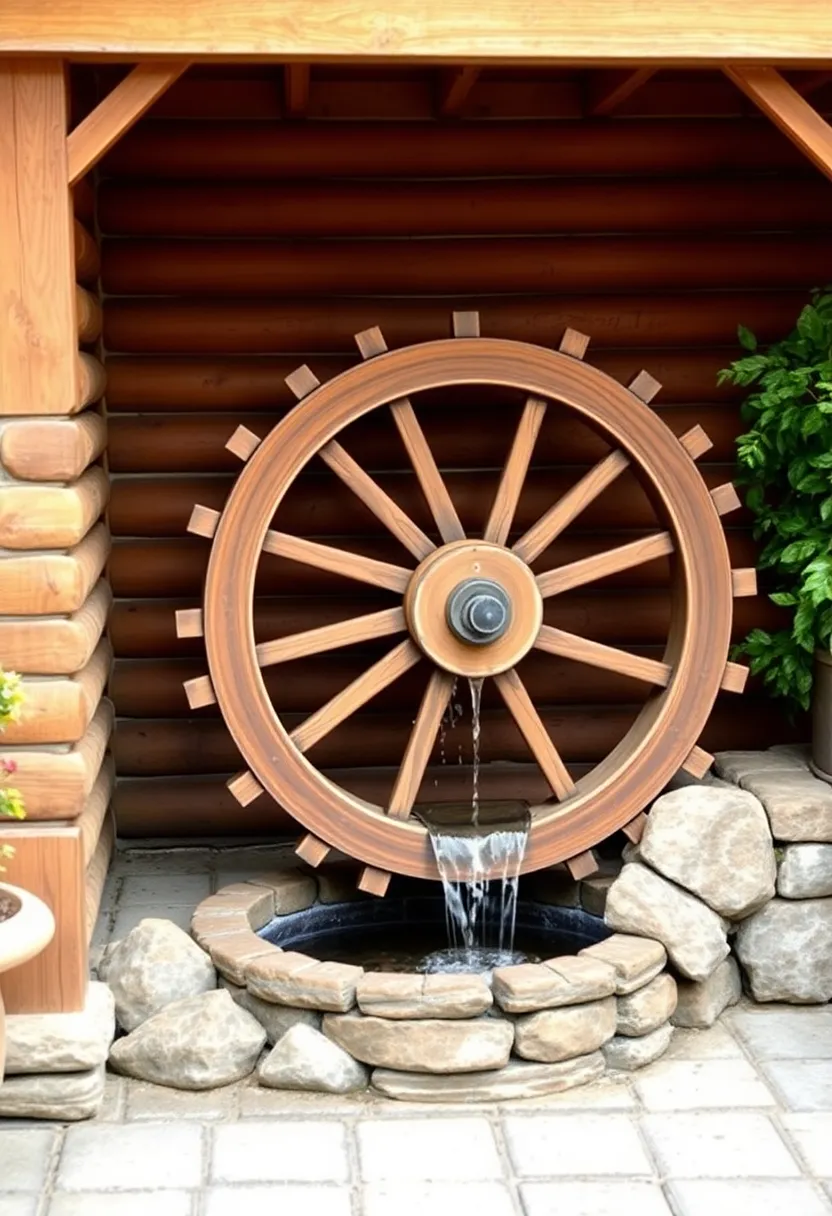 Rustic Wooden Water Wheel: Integrate nostalgia into your patio with a quaint water wheel that gently spins while moving water creates a soothing melody